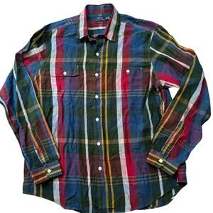 Polo Ralph Lauren Indigo Linen Button Down Men's XXL Red Dark Green Large Plaid*